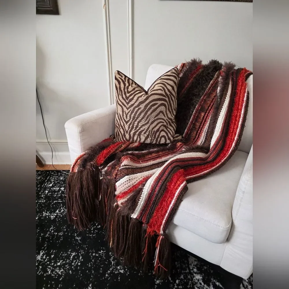 Handmade Thick Knit Fringe Throw Blanket Autumnal Colors Afghan 86x40
